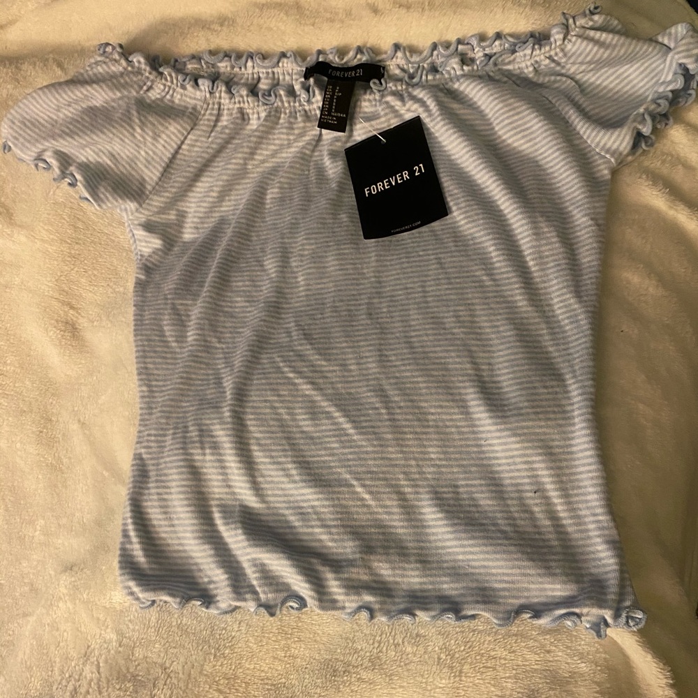 Light blue striped off the shoulder crop top